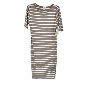 LuLaRoe Retired Julia Dress M Heathered Brown and White Striped SS Form Fit NWT